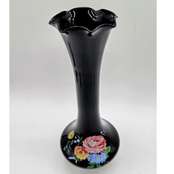 Vintage Black Glass 8" Bud Vase With Handpainted Flowers Floral Design Boho - Picture 1 of 7